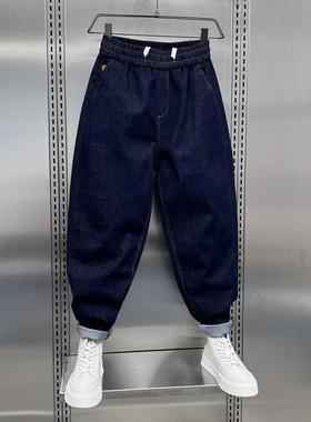 春秋新款男蓝色水洗牛仔裤宽松大码老爹裤青年加绒痞帅直筒哈伦裤