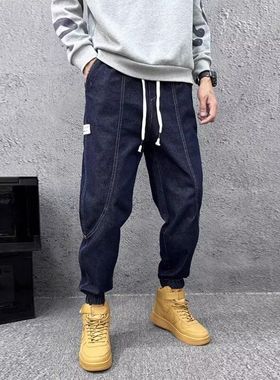 秋冬新款男士蓝色水洗牛仔裤宽松大码老爹裤小脚哈伦裤休闲长裤潮