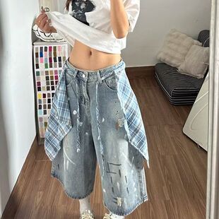 PMORH设计感格纹裙摆泼墨牛仔短裤女夏季新款复古撞色显瘦七分裤