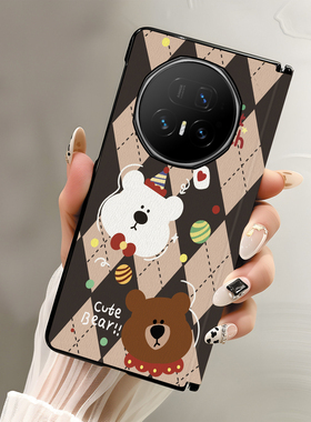 适用荣耀magicv5手机壳折叠皮纹中轴翻盖棕色格纹小熊可爱趣味卡通少女ins日韩风华为magicvs3保护套magicvs2
