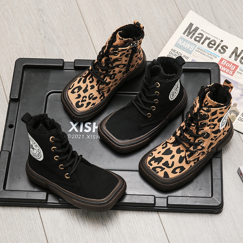 儿童棉鞋2024冬季韩版方头棉靴加绒加厚保暖豹纹休闲鞋男童女童鞋