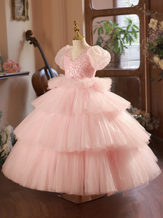 儿童礼服粉色公主裙高端小女孩走秀蓬蓬裙女童主持人钢琴演出服秋