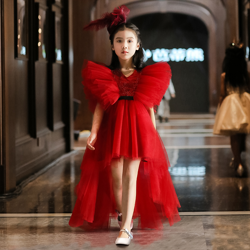 儿童晚礼服女童模特走秀公主裙2023新款红色高端小女孩钢琴演出服