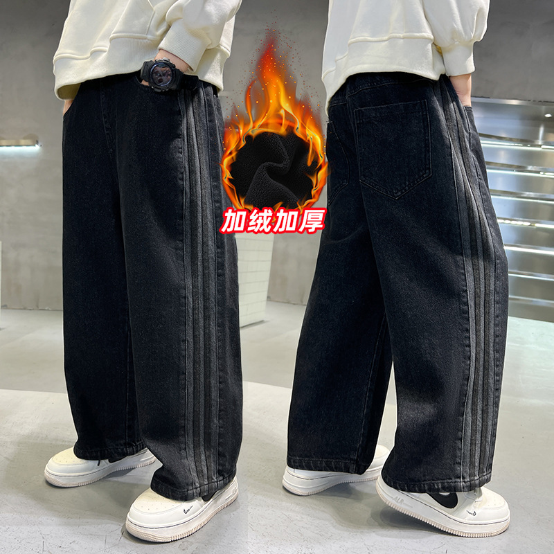 男童冬季牛仔裤加绒2024新款中大童潮酷加厚休闲裤保暖长裤潮