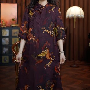 鸾吟凤鸣（紫红色）改良旗袍盘扣提花老料女装新款长款连衣裙中袖