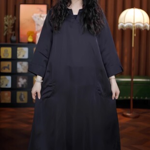 新款 墨香翠微 老料女装 长袖 宽松长裙V领连衣裙 黑色