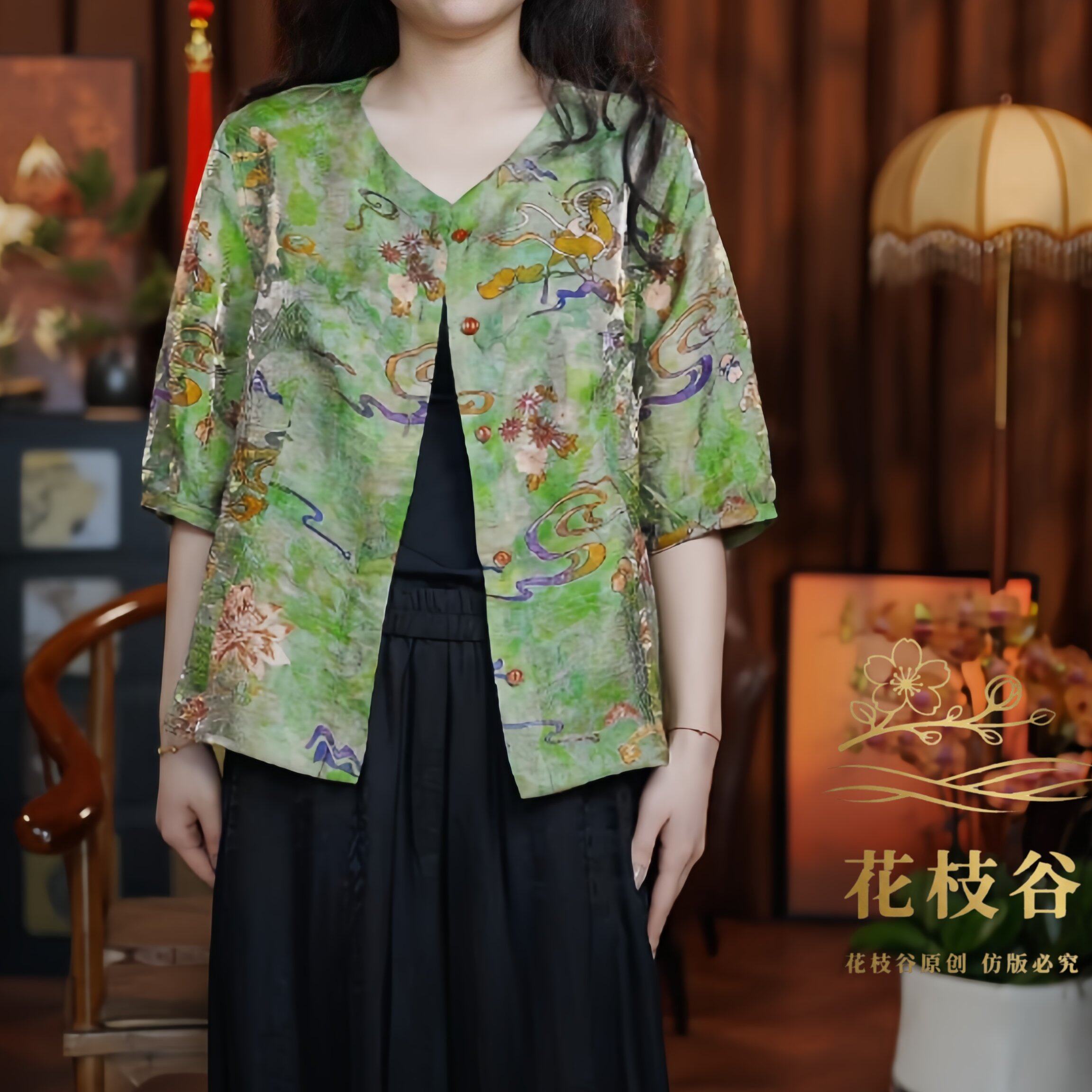 惊羡春满（绿咖色）2026圆领五分袖双面双穿宽松国风女装开衫