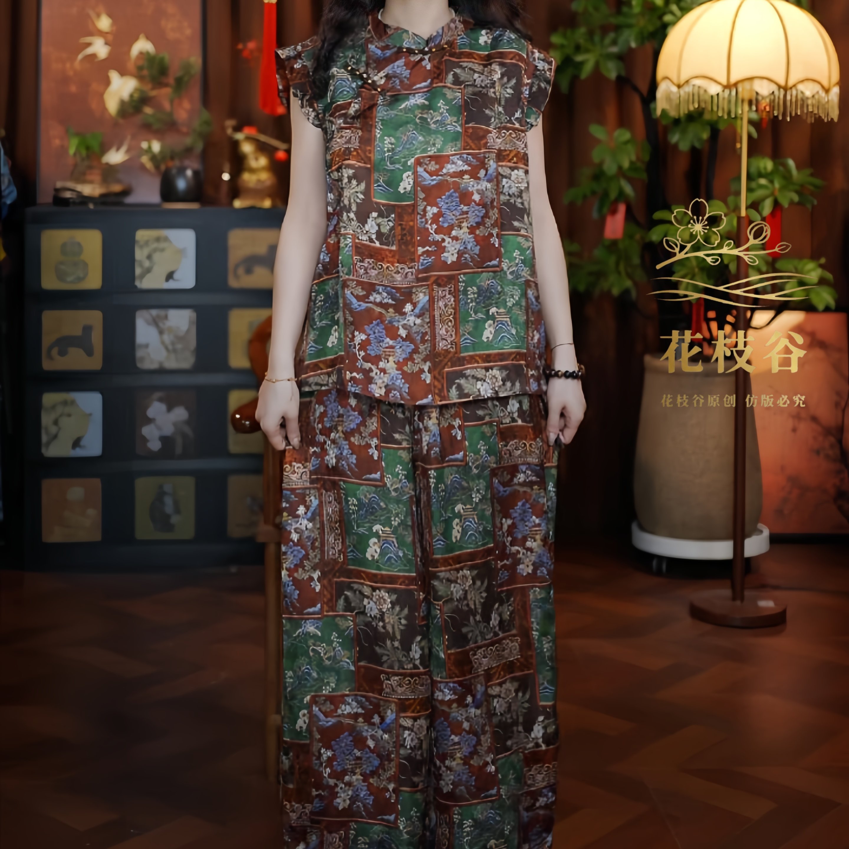 清柠初夏（咖绿色）2026新中式宽松上衣裤子国风女装两件套图片