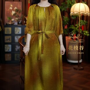梵月清梦（桔黄色）2026提花老料圆领镂空五分袖女装连衣裙
