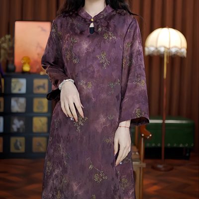 情深意长（棕红色）新中式宽松上衣水滴领长袖老料国风连衣裙女装