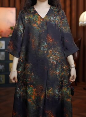 银河彩云（黑色）2026连衣裙V领提花老料女装七分袖新款长裙