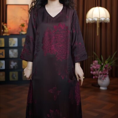 赏心悦目（暗红色）2026V领长袖老料女装新款提花连衣裙双面双穿