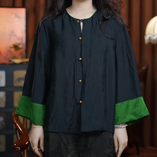 谈笑风生（黑绿色）双面双穿龟裂老料女装新款长袖短款上衣开衫