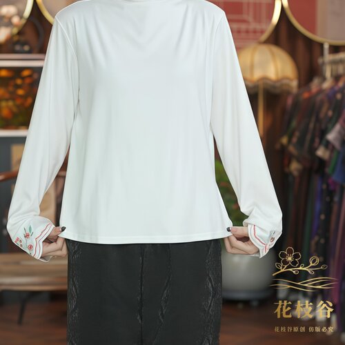荷风渡影（白色）新中式刺绣半高领长袖打底上衣27-742