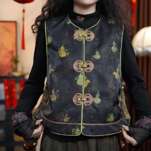 启渊（黑绿色）2026双面双穿圆领葫芦老料提花马甲马夹