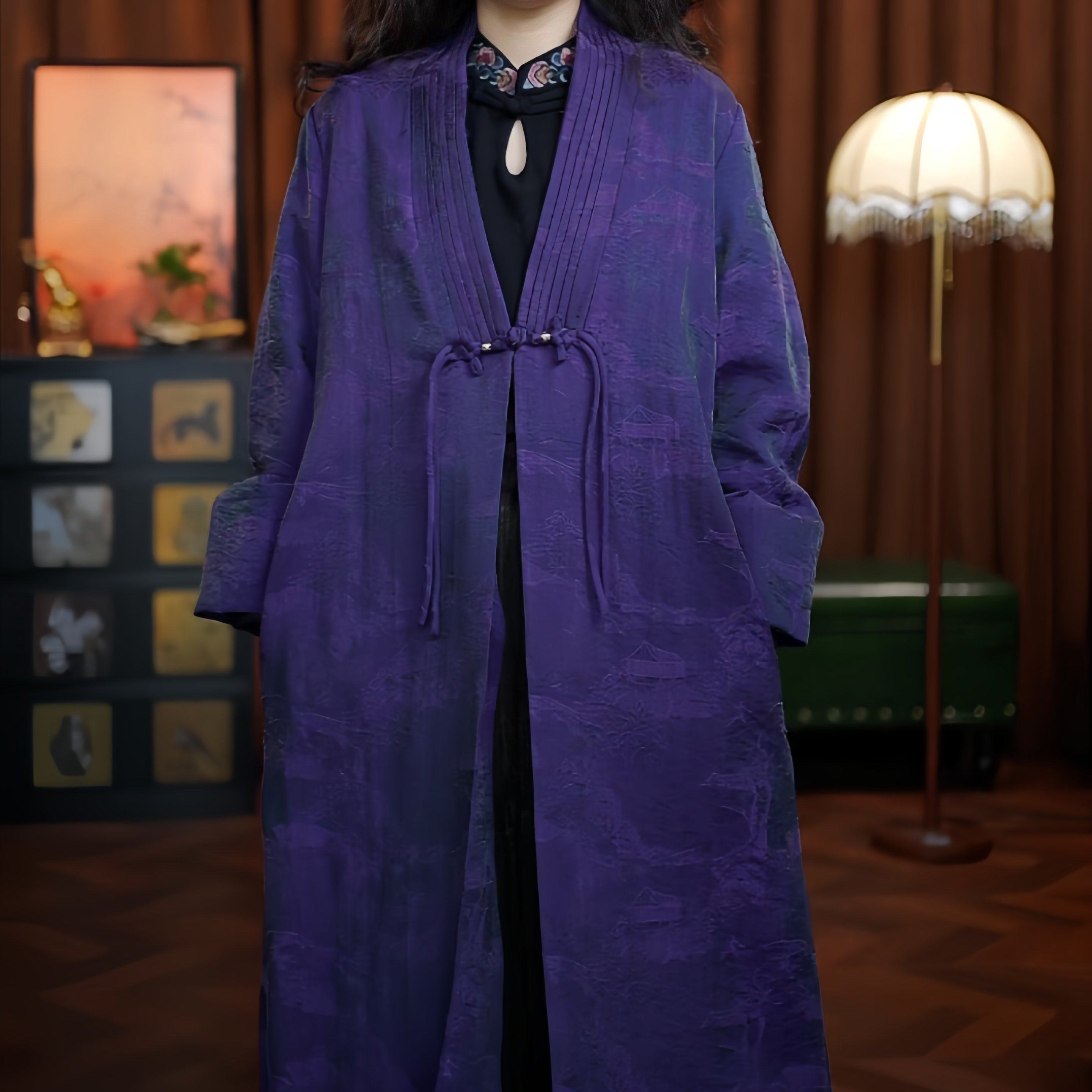 南枝独翘（紫色）盘扣长袖老料提花风衣女装长款开衫外套