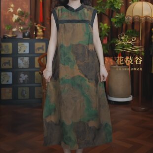 风月无边（咖绿色）2026无袖立领老料提花背心裙连衣裙