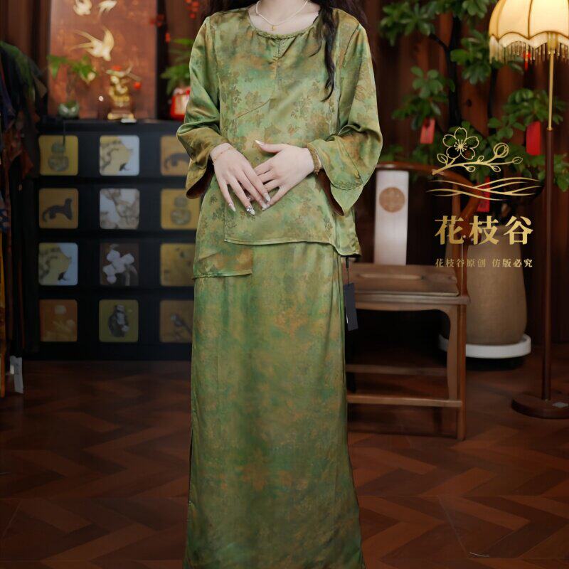 秋画故屏（绿色）2026提花老料圆领短袖上衣裤子两件套