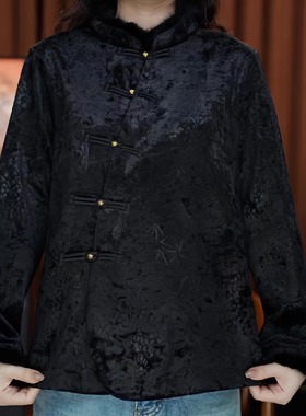 天生丽质（黑色）斜襟领提花长袖中式国风上衣冬季打底衫加绒女装