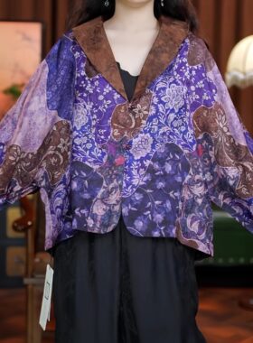 吉庆有余（紫色）长袖宽松短款大码女装上衣茶服开衫