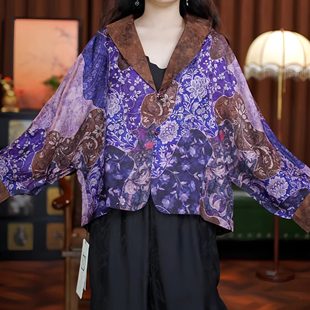 宽松短款 长袖 大码 女装 吉庆有余 上衣茶服开衫 紫色