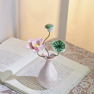 陶瓷手捏花景德镇陶瓷结晶花瓶加荷花组合莲藕荷叶搭配家居摆件