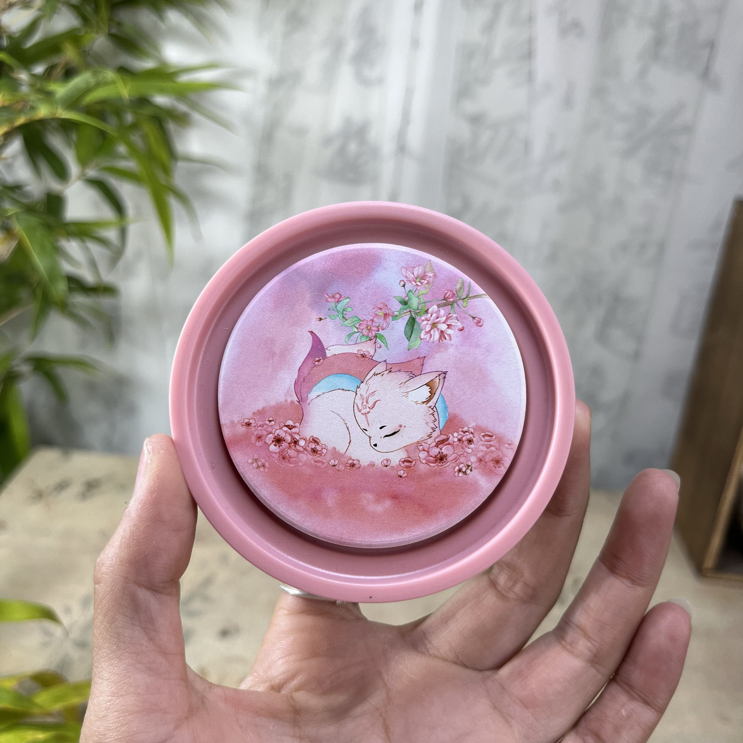 九尾狐中式粉色吸水杯垫隔热陶瓷垫复古水墨画功夫茶具杯垫