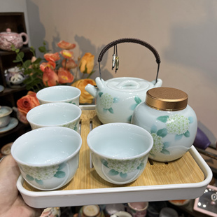 青瓷绣球花提梁壶一壶四杯带茶叶罐带竹制茶盘茶具小套组