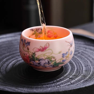 粉色茶杯子羊脂玉主人杯单杯虞美人蝶恋花女士高端个人专用陶瓷杯