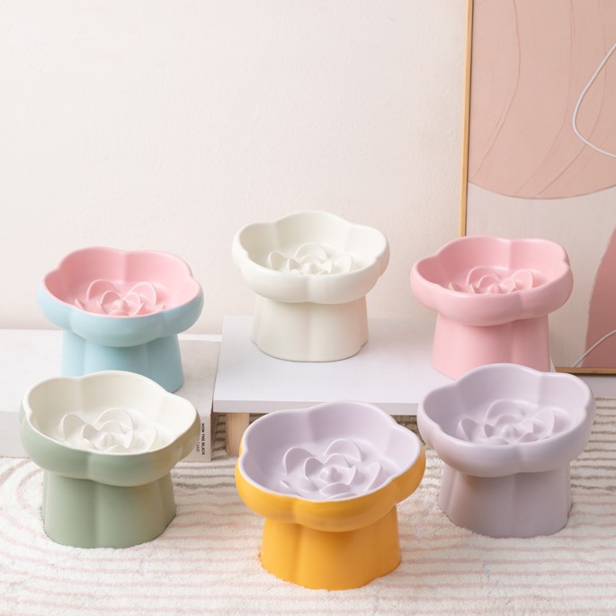 宠物慢食碗高脚陶瓷猫碗狗碗小型犬猫咪缓食防噎防打翻护颈斜口碗