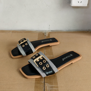 日常外穿凉鞋 2026外贸单夏款 拖 饰一字型方头露趾平跟拖鞋 皮带扣装