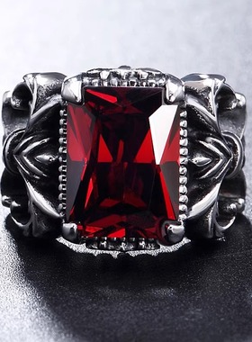 时尚欧美个性时尚复古朋克红石士十字架钛钢戒指锆石不掉色戒指
