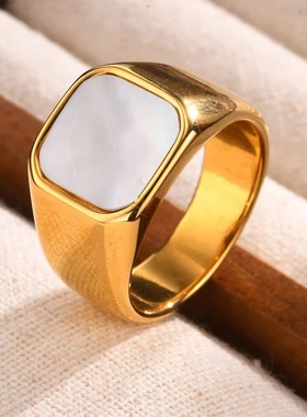 时尚方形金色几何方形贝母戒指金色男女士潮人电镀简约单身饰品