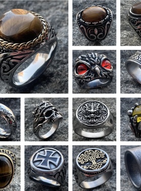 时尚潮男朋克风钛钢高级感戒指男士嘻哈小众复古不锈钢做旧虎眼石