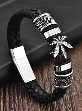 潮人欧美枫叶图腾个性复古多层皮手链时尚潮流男磁扣首饰钛钢手环