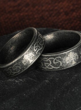 北欧美维京生命树图案复古做旧古银色钛钢戒指不锈钢潮男指环饰品