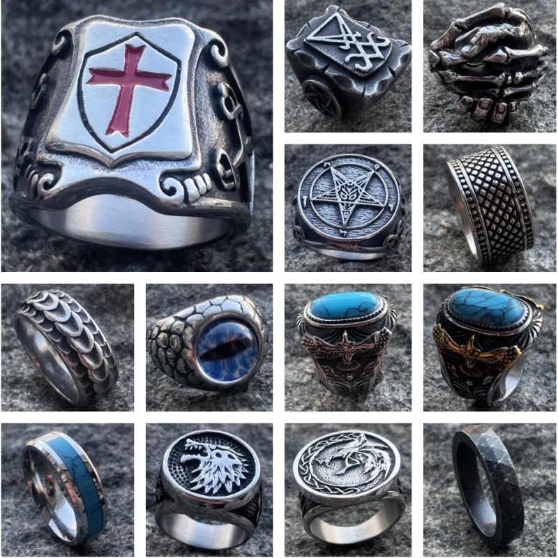 潮男复古朋克风不锈钢个性老鹰戒指霸气狼小众高级感大码钛钢指环