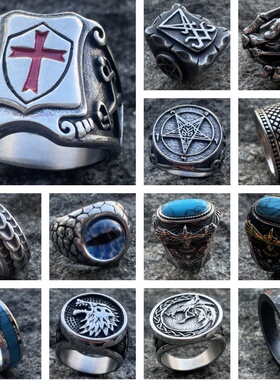 潮男复古朋克风不锈钢个性老鹰戒指霸气狼小众高级感大码钛钢指环