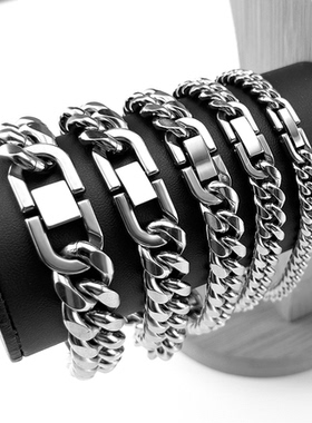 简约时尚古巴链手链男士霸气钛钢粗款手链嘻哈嘻哈不掉色珠扣首饰