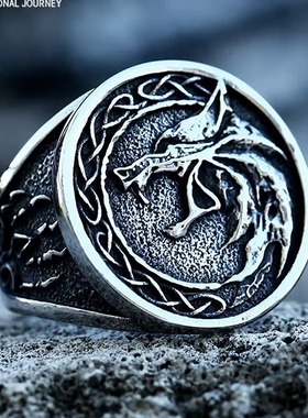 复古北欧维京凯尔特结狼头钛钢戒指个性朋克狼爪男士高级高感指环
