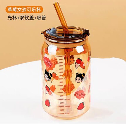 可爱ins高硼硅耐热玻璃易拉罐吸管杯梅森杯带吸管学生牛奶饮料杯