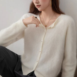 25新款拉绒纯色针织100山羊绒开衫 女士拉毛外套宽松厚款针织毛衣