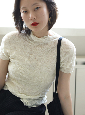 JT JANE 褶皱压褶 半高领 修身 短袖上衣 T恤  特殊 肌理