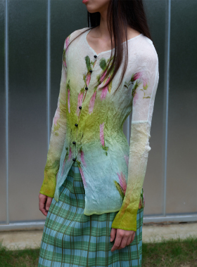 JT JANE原创小众设计长袖微透褶皱亲肤不规则压褶印花天丝上衣