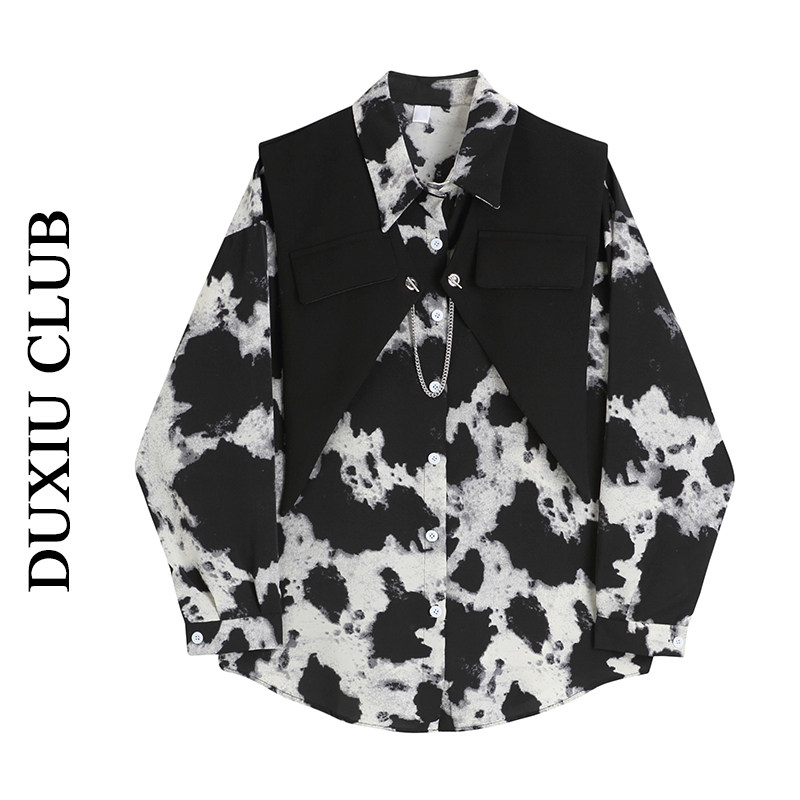DUXIU CLUB洋气两件套秋装新款西装马甲奶牛豹纹长袖衬衫时尚套装
