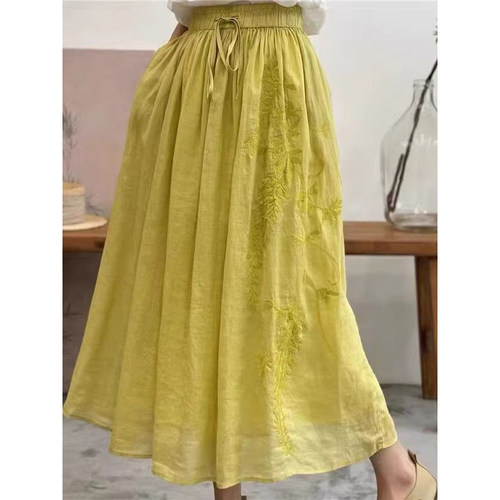 夏季新款高腰显瘦百搭半身裙刺绣中长款A字裙半身裙通勤裙子女装