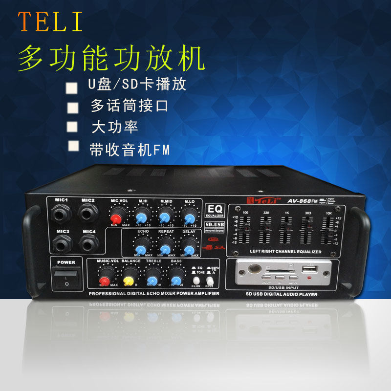 特力/AV-868FM小功放 12v 220v usb sd带遥控器功放 定阻卡包功放