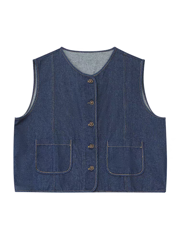 2026年春季新款日系复古文艺叠穿简约口袋小个子短款ins牛仔马甲