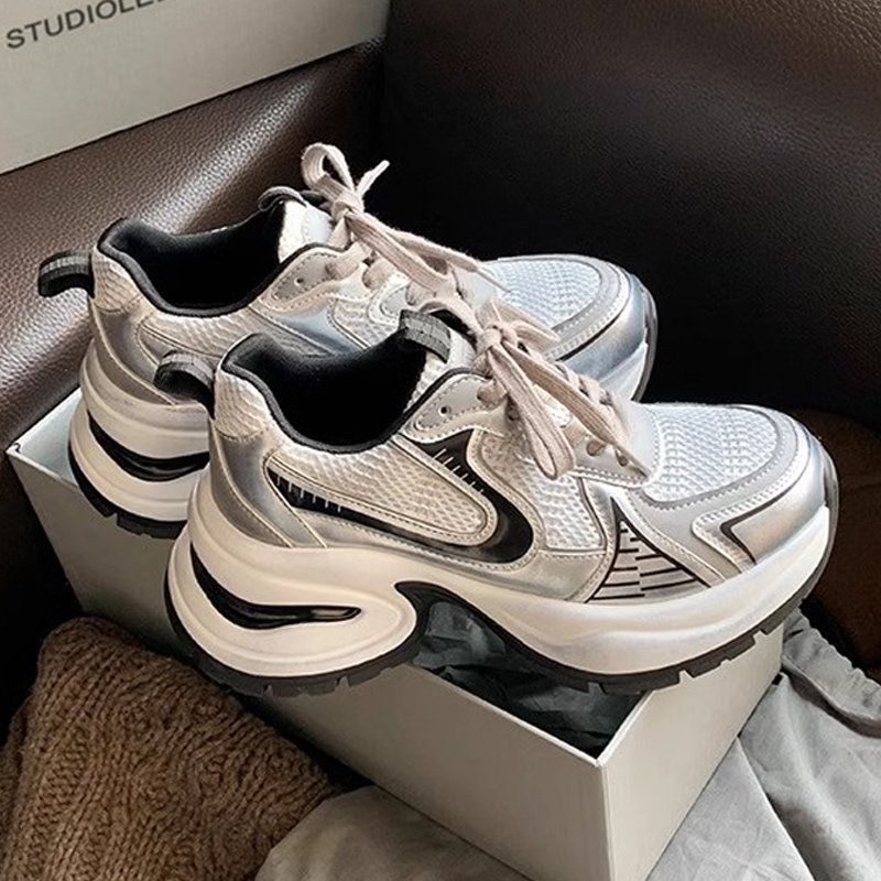 真皮版赵露思同款~7cm太空银增高厚底夏季休闲运动鞋女款老爹鞋