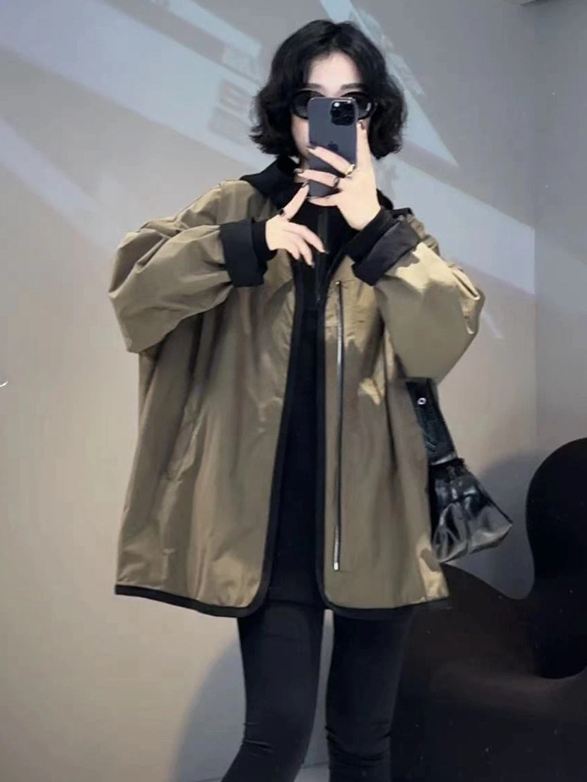 欧洲站双面撞色V领风衣外套女减龄秋冬宽松加棉休闲两面穿冲锋衣